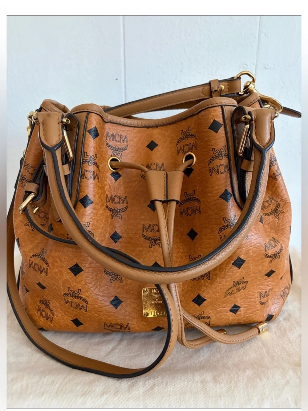 MCM Cognac Brown Visetos Logo Drawstring Shoulder Bag